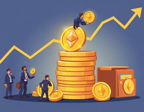 Cartoon showing investors confidently adding ETH to a growing stack, representing the record ETH accumulation and strong market confidence.