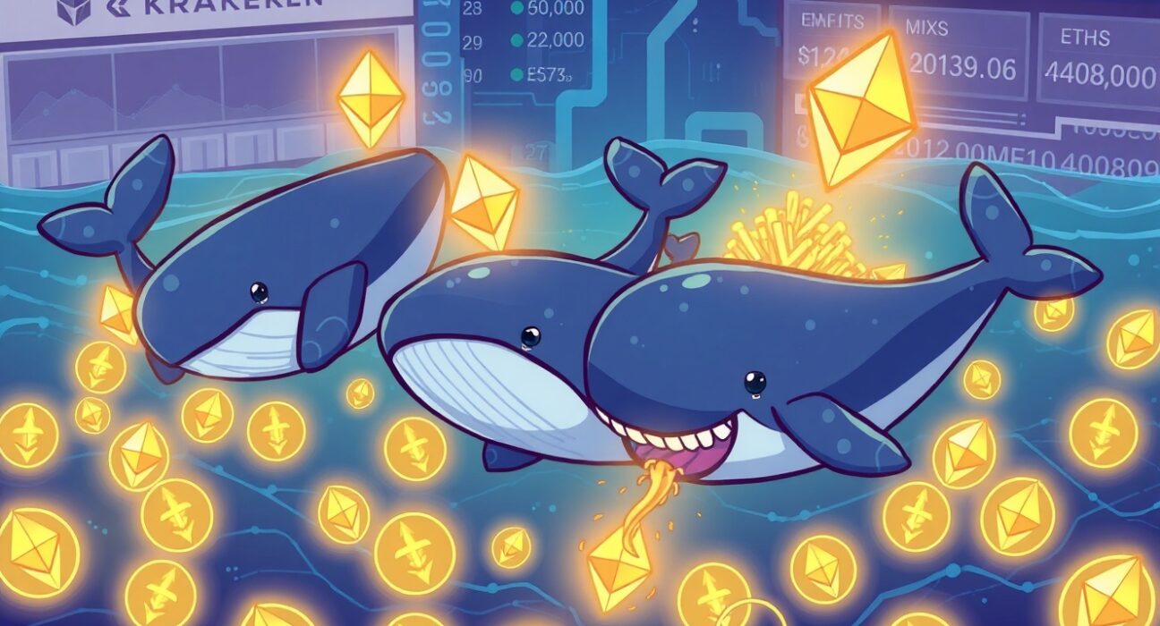 Cartoon whales accumulating ETH, illustrating the significant ETH accumulation trend and market activity.