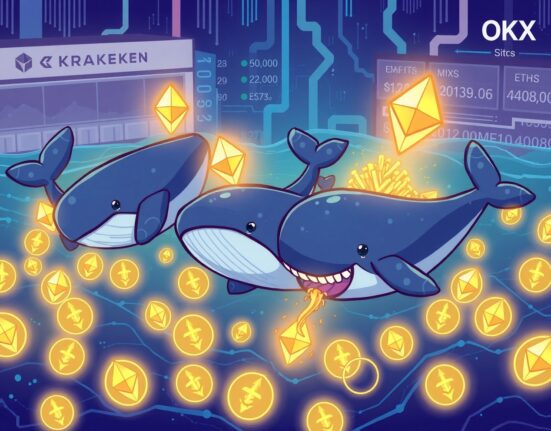 Cartoon whales accumulating ETH, illustrating the significant ETH accumulation trend and market activity.