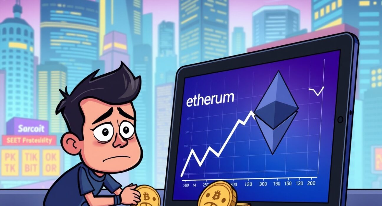 Cartoon illustration showing ETH at a loss with concerned investor analyzing downward chart