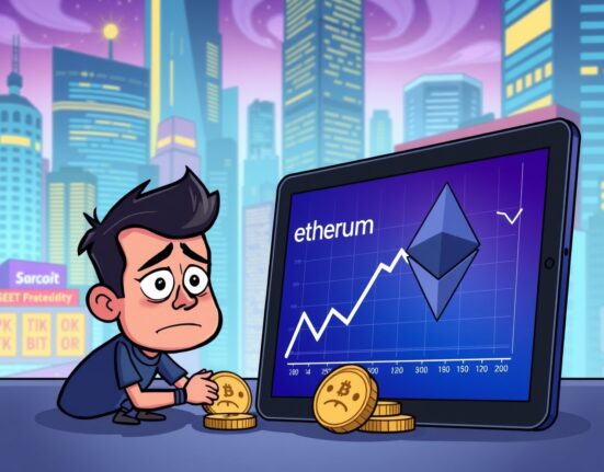 Cartoon illustration showing ETH at a loss with concerned investor analyzing downward chart