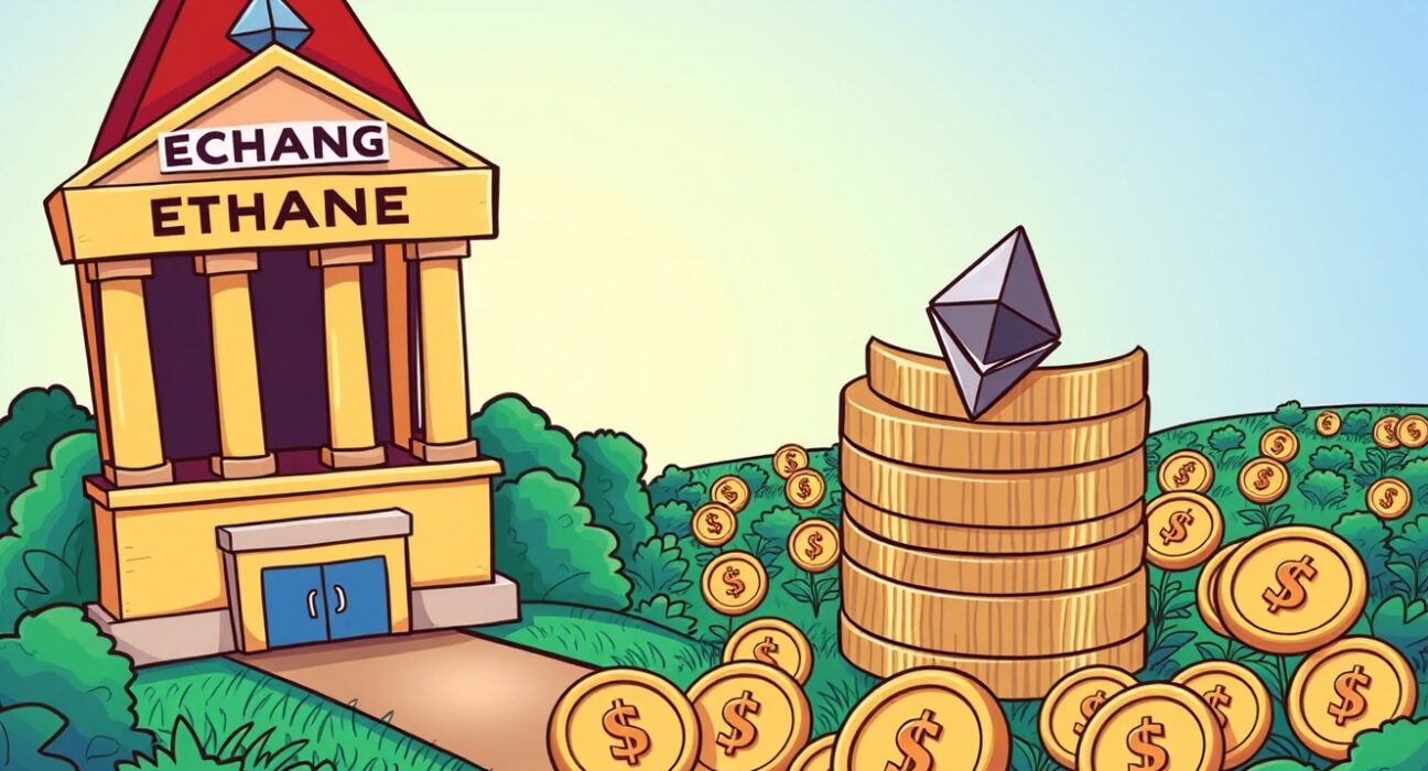 Cartoon showing ETH balances moving from an exchange to a secure wallet, reflecting the significant drop in exchange holdings.