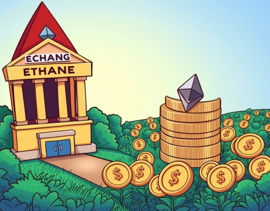 Cartoon showing ETH balances moving from an exchange to a secure wallet, reflecting the significant drop in exchange holdings.