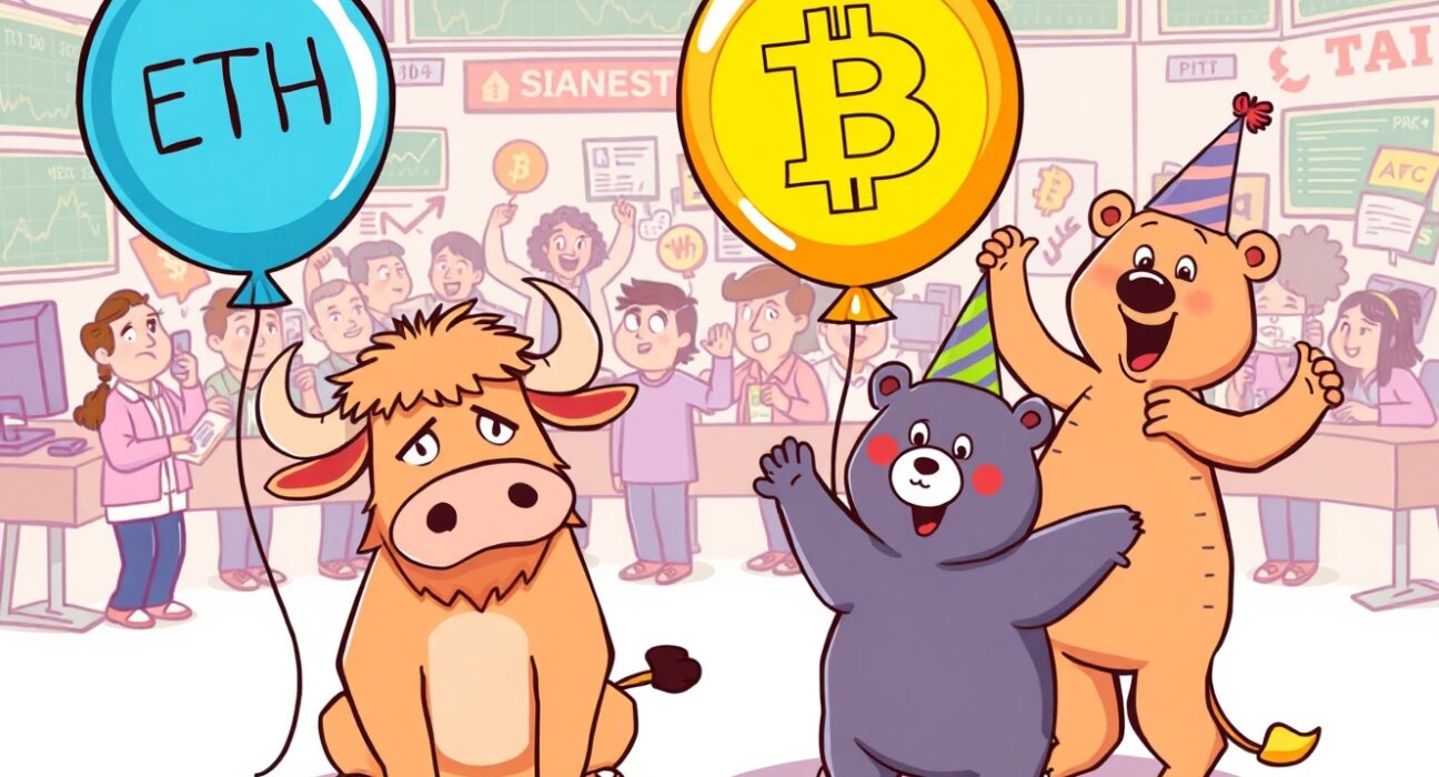 A vibrant cartoon illustrating the dramatic crypto liquidations in the futures market with bulls and bears.