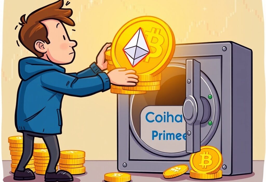 A cartoon illustration depicting an ETH/BTC investor making a large deposit to Coinbase Prime, signifying significant market movement.