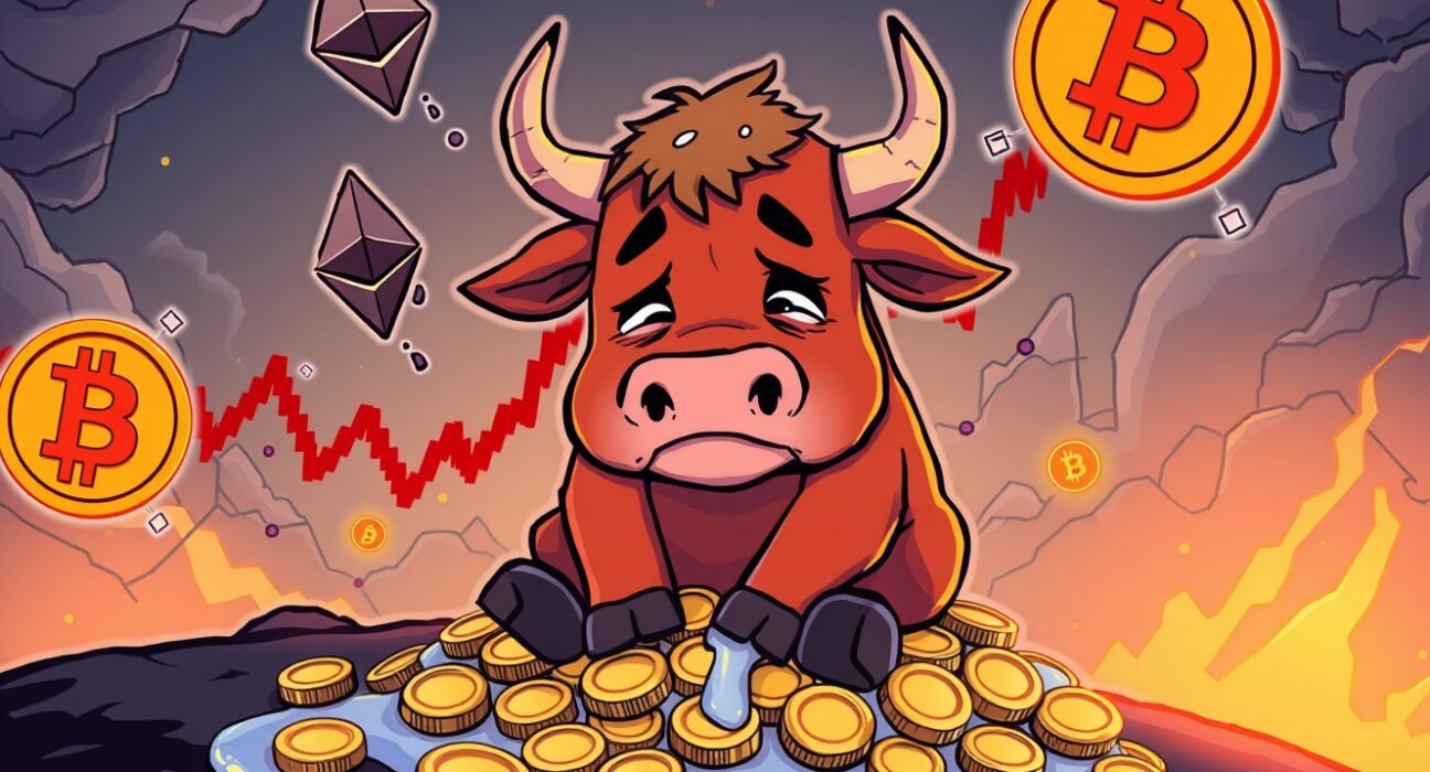 Cartoon illustration of a crypto market liquidation storm hitting Bitcoin and Ethereum bulls.