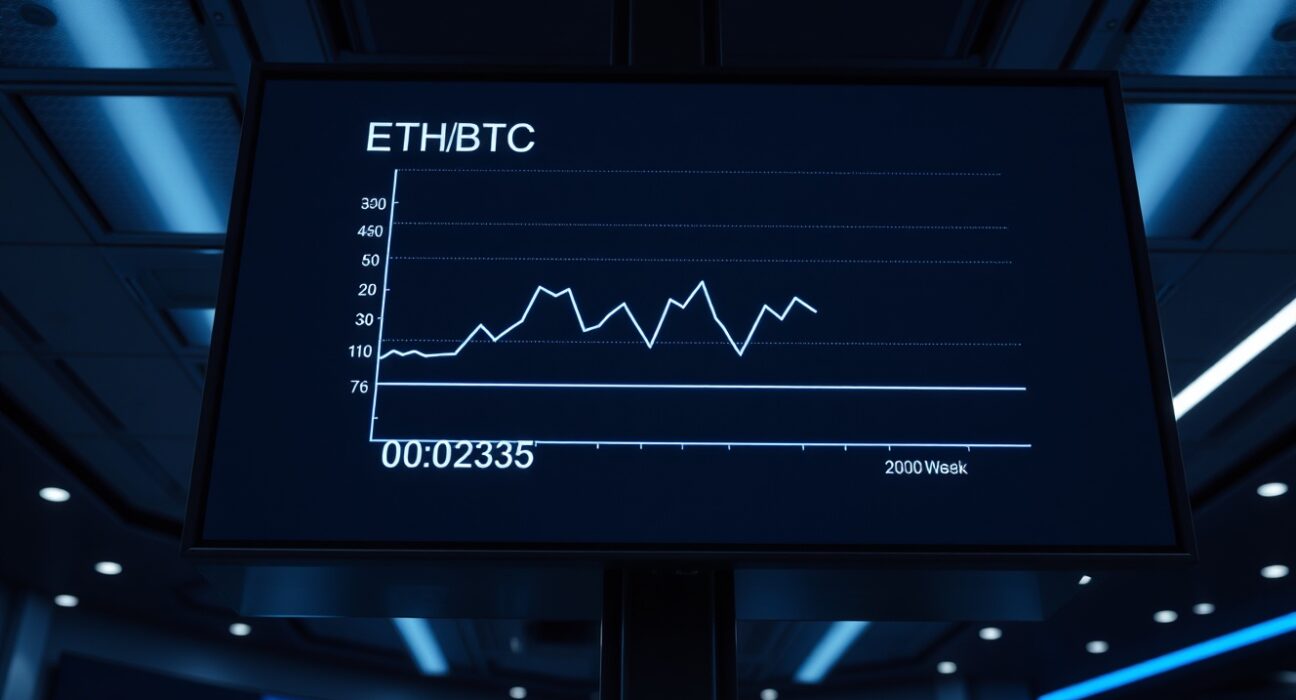 Digital trading board showing ETH/BTC ratio at 0.02835 with a downward trend line.