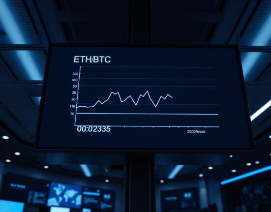 Digital trading board showing ETH/BTC ratio at 0.02835 with a downward trend line.