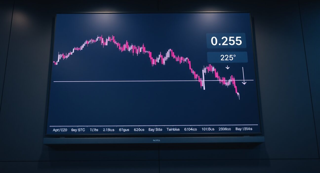 Digital display showing ETH/BTC trading chart with ratio at 0.0265, indicating a multi-year low.