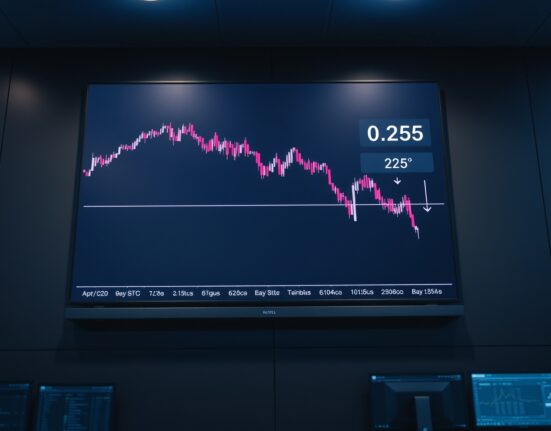 Digital display showing ETH/BTC trading chart with ratio at 0.0265, indicating a multi-year low.