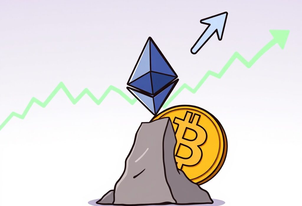 A cartoon illustration showing the ETH/BTC ratio breaking upwards, indicating potential bullish ETH cycles in the crypto market.