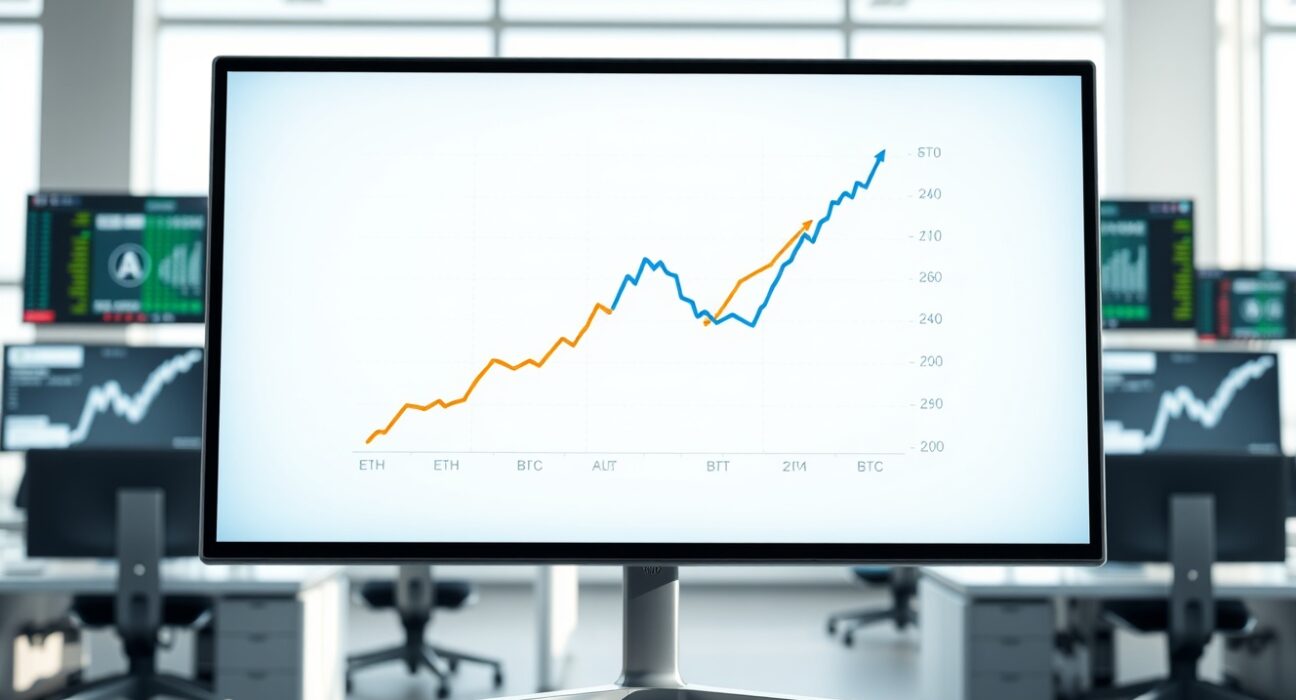 Financial chart showing Ethereum price outperforming Bitcoin, representing the rising ETH/BTC ratio in 2025.
