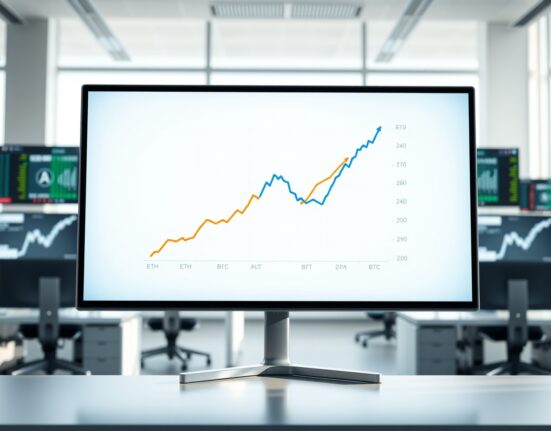 Financial chart showing Ethereum price outperforming Bitcoin, representing the rising ETH/BTC ratio in 2025.