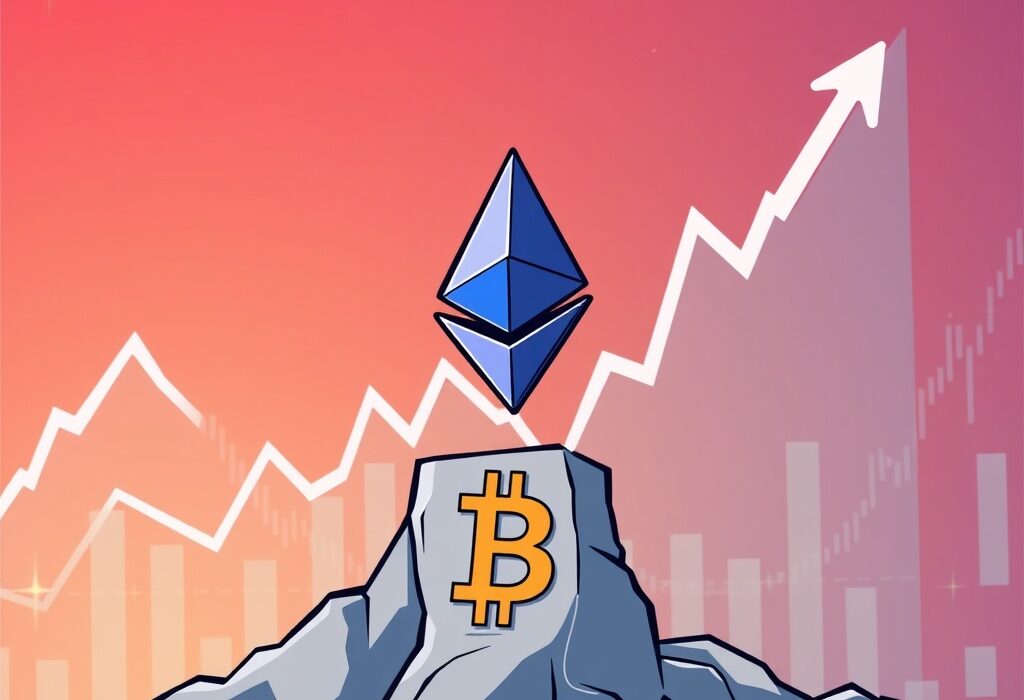 A vibrant cartoon depicting the ETH/BTC ratio rising, symbolizing Ethereum's strong performance against Bitcoin.