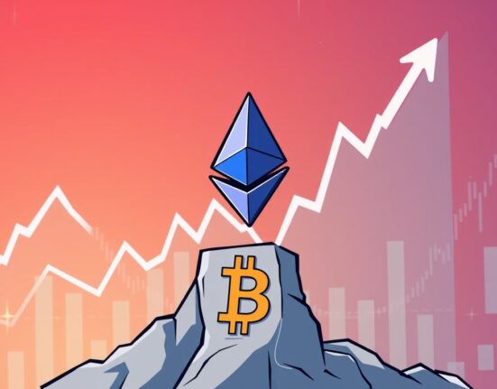 A vibrant cartoon depicting the ETH/BTC ratio rising, symbolizing Ethereum's strong performance against Bitcoin.