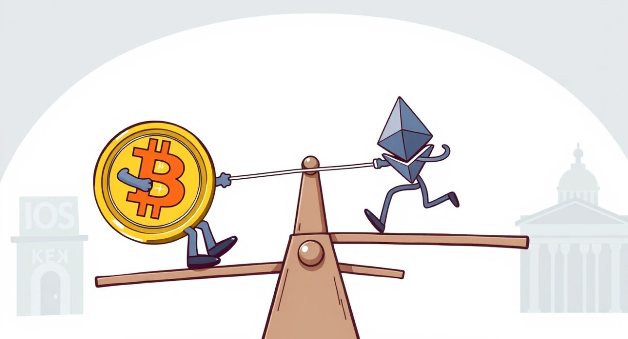 A cartoon showing Ethereum struggling against Bitcoin in a tug-of-war, illustrating the challenging ETH/BTC ratio.