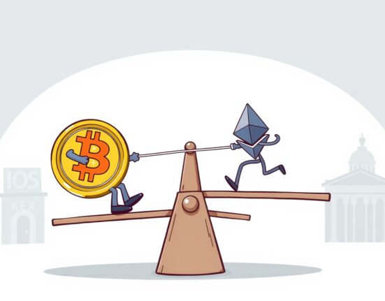 A cartoon showing Ethereum struggling against Bitcoin in a tug-of-war, illustrating the challenging ETH/BTC ratio.