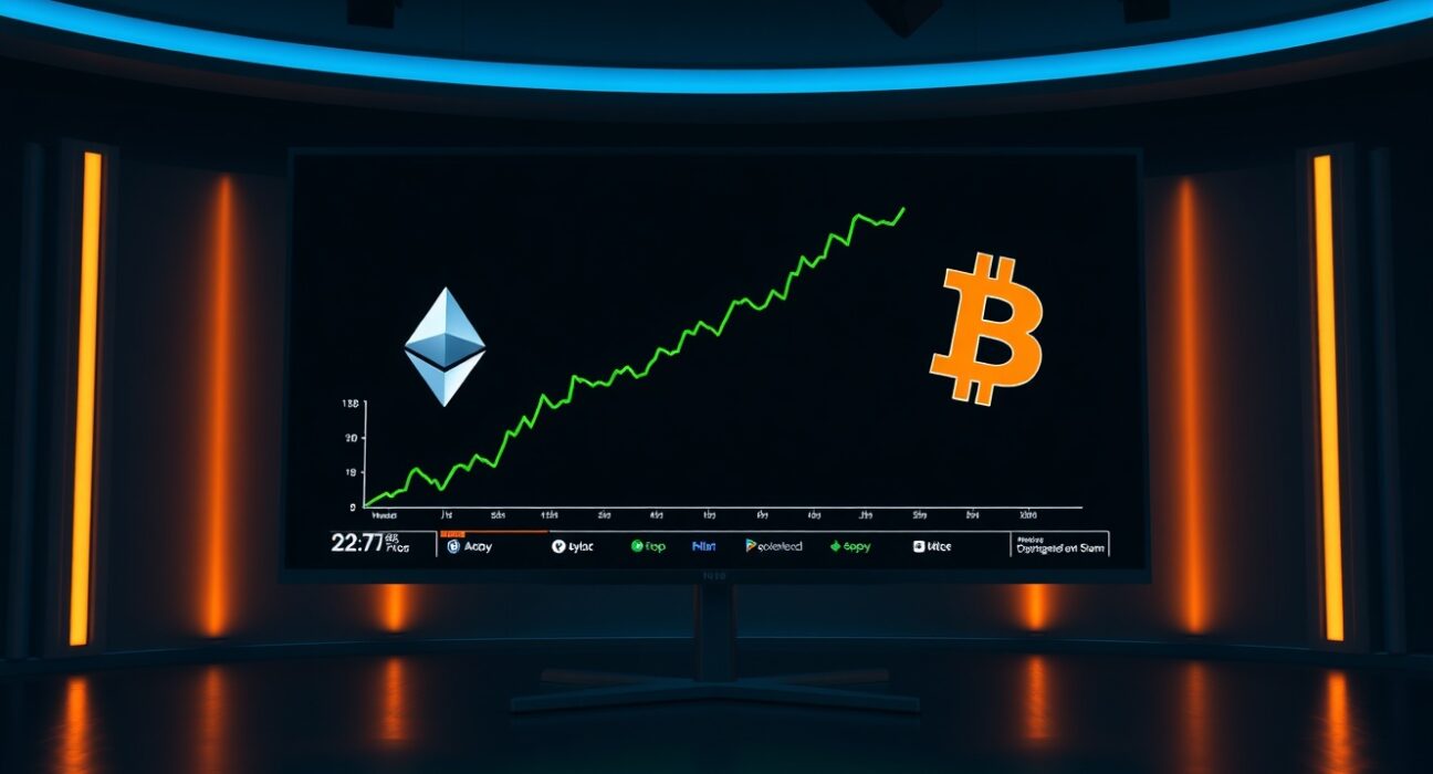 Digital trading screen showing ETH/BTC price chart with an upward trend