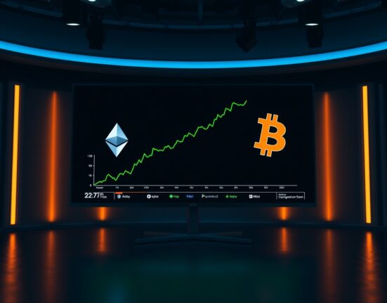 Digital trading screen showing ETH/BTC price chart with an upward trend