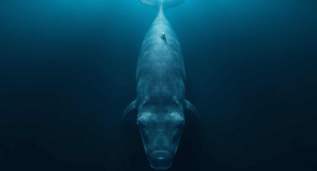 A whale swimming underwater representing a large cryptocurrency trader opening a short position on Ethereum.