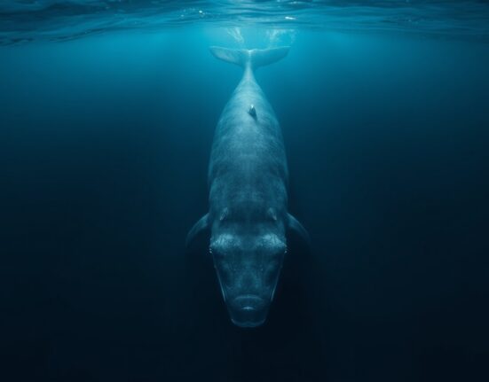 A whale swimming underwater representing a large cryptocurrency trader opening a short position on Ethereum.