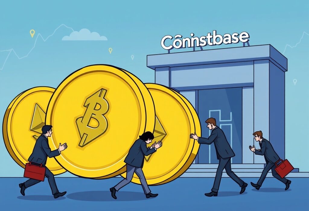 Cartoon illustration of institutional firms transferring large amounts of ETH to Coinbase, symbolizing significant market activity.