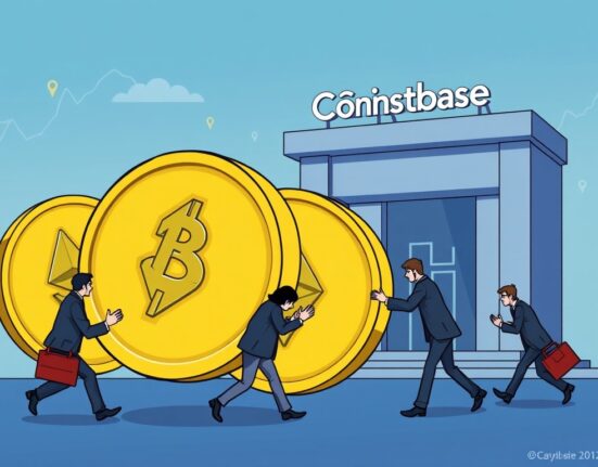 Cartoon illustration of institutional firms transferring large amounts of ETH to Coinbase, symbolizing significant market activity.