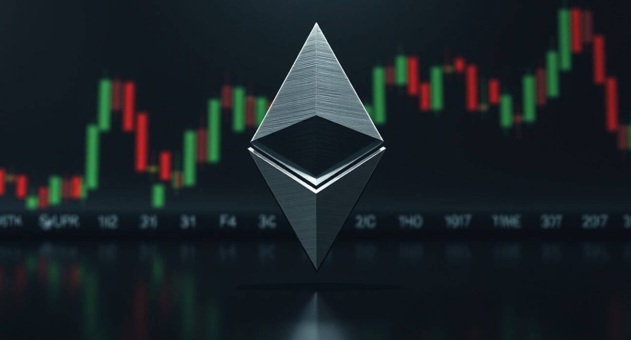 Ethereum logo on digital trading background representing ETH consolidation phase and market analysis