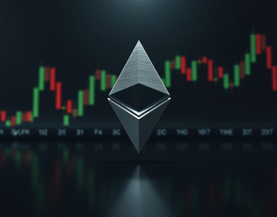 Ethereum logo on digital trading background representing ETH consolidation phase and market analysis