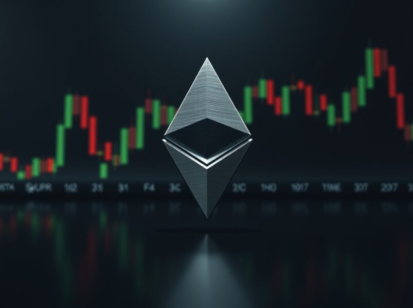 Ethereum logo on digital trading background representing ETH consolidation phase and market analysis