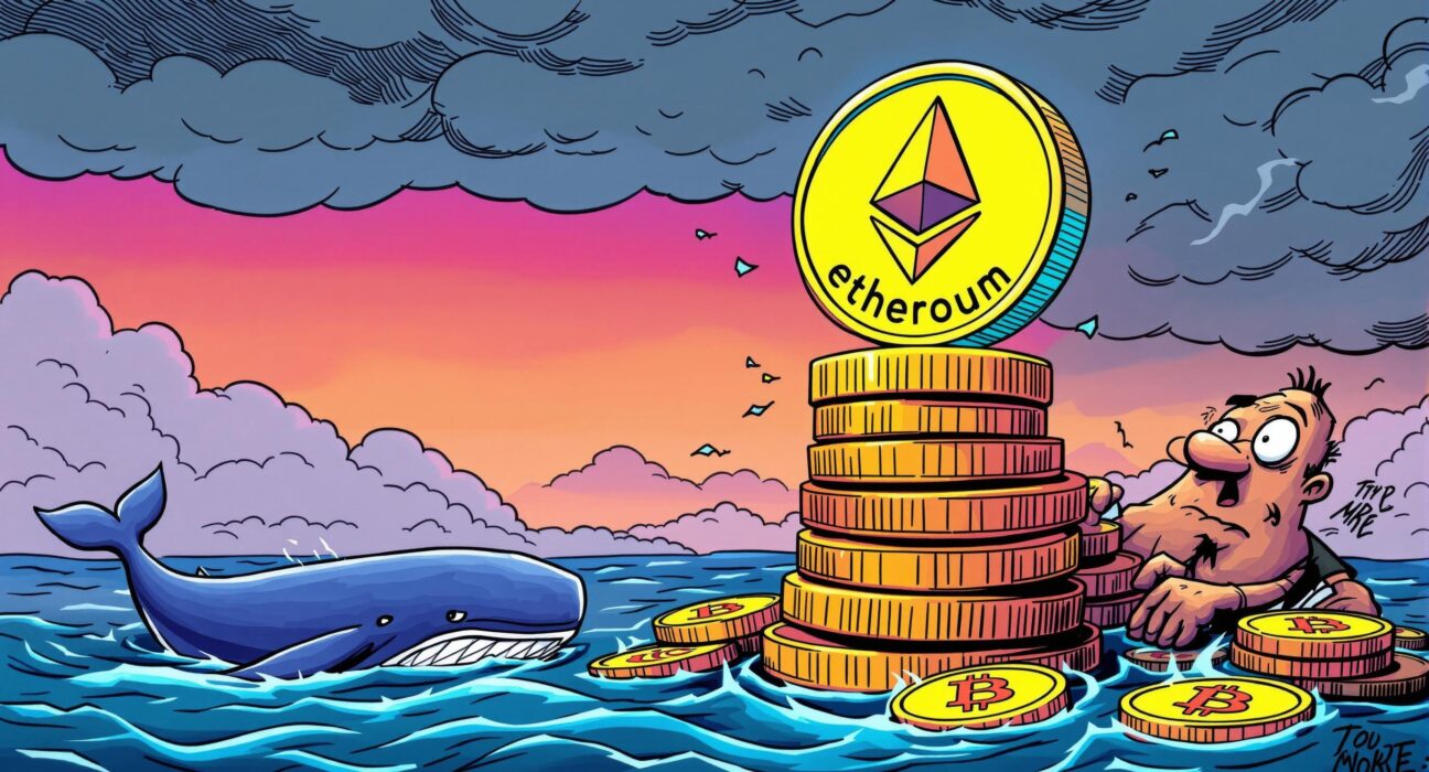 A cartoon illustration symbolizing a potential ETH correction, showing Ethereum precariously balanced above Bitcoin, observed by an analyst.