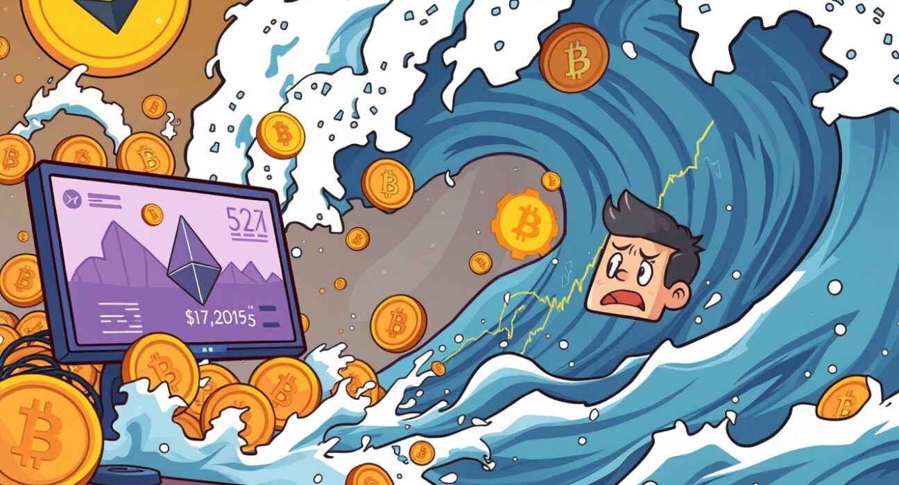 A cartoon illustration showing the volatile impact of crypto futures liquidations on major cryptocurrencies like ETH and BTC.