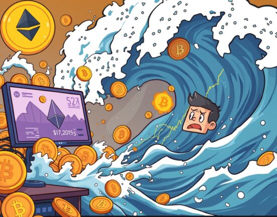 A cartoon illustration showing the volatile impact of crypto futures liquidations on major cryptocurrencies like ETH and BTC.