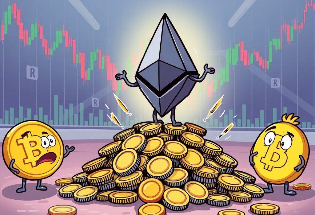 A cartoon illustration showing Ethereum leading a wave of crypto liquidations in the volatile digital market.