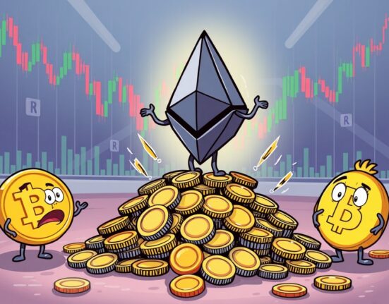 A cartoon illustration showing Ethereum leading a wave of crypto liquidations in the volatile digital market.