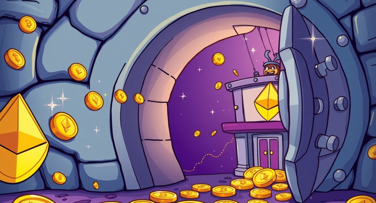 A vibrant cartoon illustration of a large ETH deposit flowing into a cryptocurrency exchange.