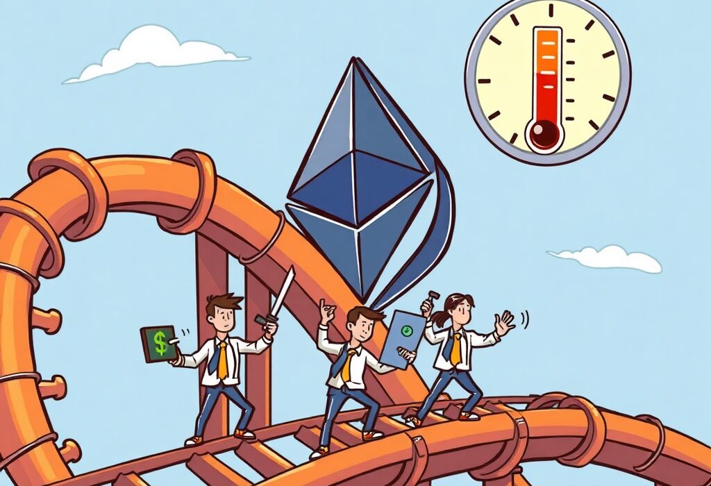 Cartoon showing the ETH derivatives market reaching critical overheating levels, with traders on a risky leverage rollercoaster.