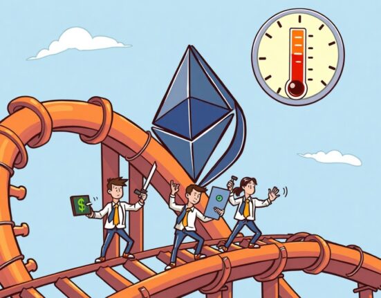 Cartoon showing the ETH derivatives market reaching critical overheating levels, with traders on a risky leverage rollercoaster.