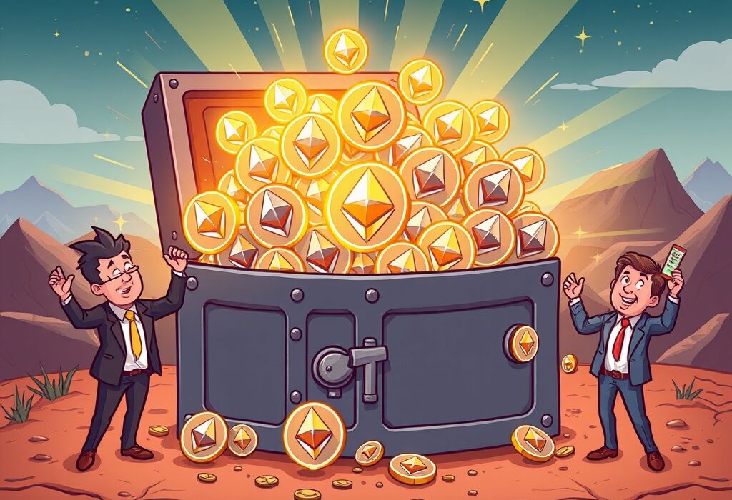 A cartoon showing institutional investors celebrating massive ETH ETF holdings of over 10 million Ethereum, signifying strong crypto investment trends.