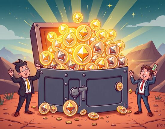 A cartoon showing institutional investors celebrating massive ETH ETF holdings of over 10 million Ethereum, signifying strong crypto investment trends.