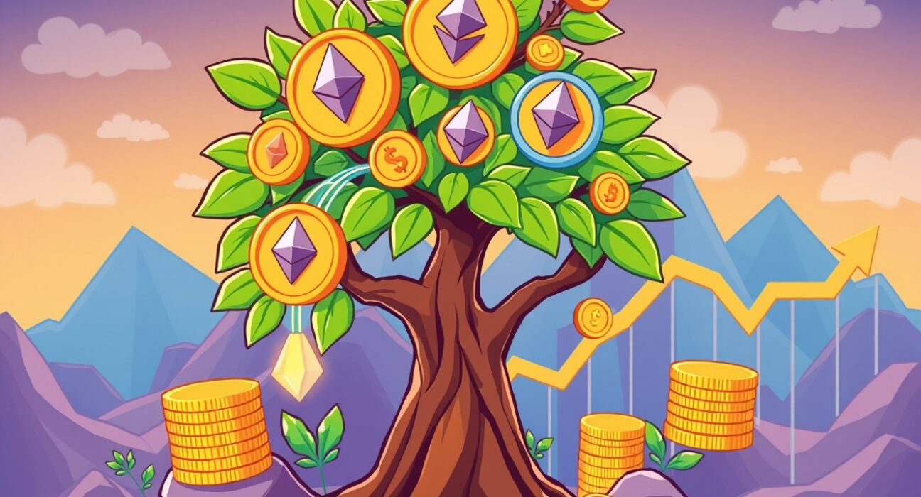 Stunning ETH ETF money tree growing with upward flowing cryptocurrency coins