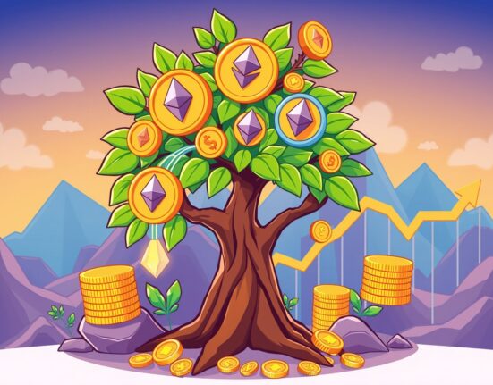 Stunning ETH ETF money tree growing with upward flowing cryptocurrency coins