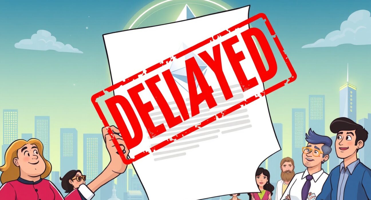 Cartoon illustration of a government official delaying a document, symbolizing the SEC's extended deadline for the ETH ETF staking decision, with Ethereum investors watching.