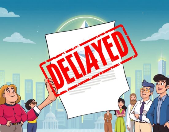 Cartoon illustration of a government official delaying a document, symbolizing the SEC's extended deadline for the ETH ETF staking decision, with Ethereum investors watching.