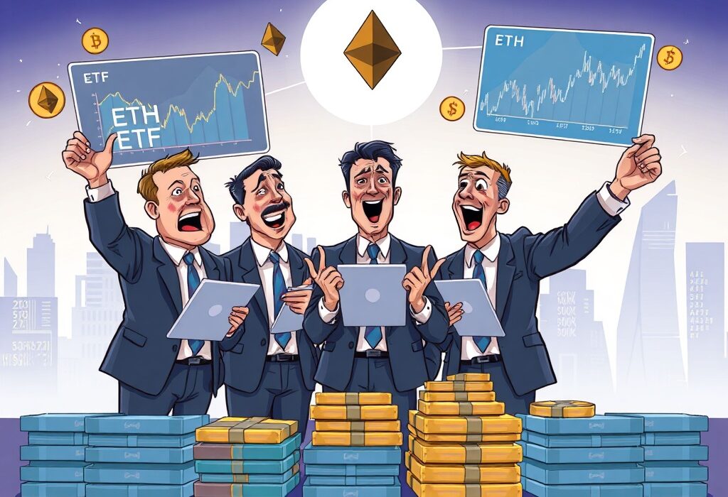 A cartoon illustration showing investment advisors actively managing a large portfolio of ETH ETFs, signaling significant institutional adoption.