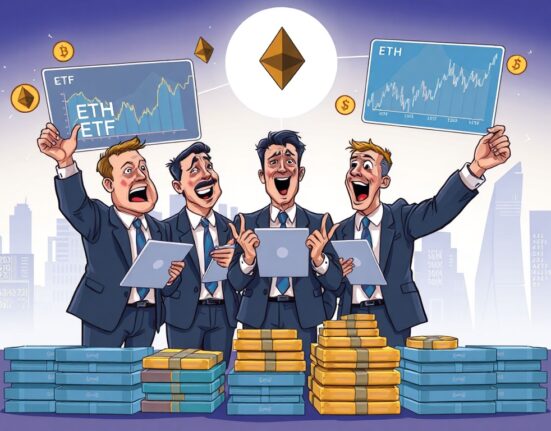A cartoon illustration showing investment advisors actively managing a large portfolio of ETH ETFs, signaling significant institutional adoption.