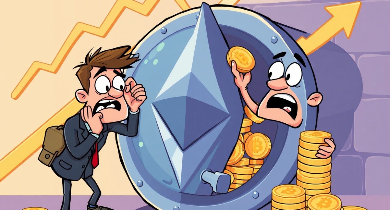 ETH ETFs experiencing significant investor withdrawals in cartoon illustration