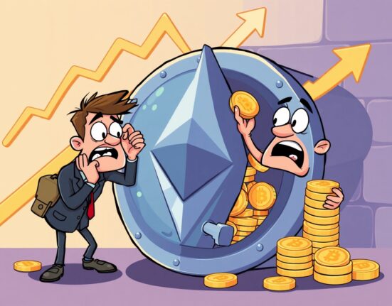 ETH ETFs experiencing significant investor withdrawals in cartoon illustration