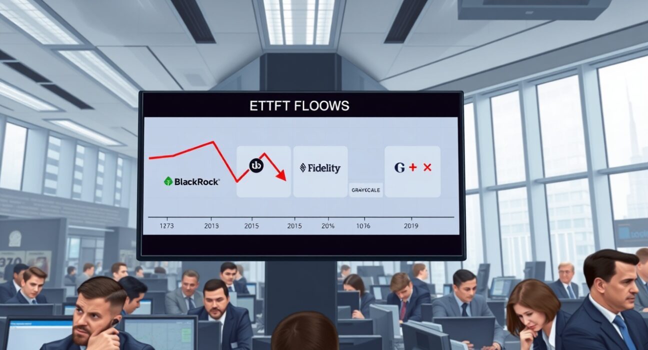 Digital trading screen showing ETH ETF outflows with BlackRock, Fidelity, and Grayscale data in red