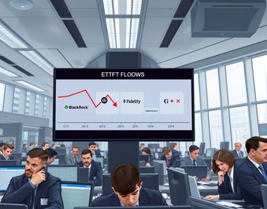 Digital trading screen showing ETH ETF outflows with BlackRock, Fidelity, and Grayscale data in red
